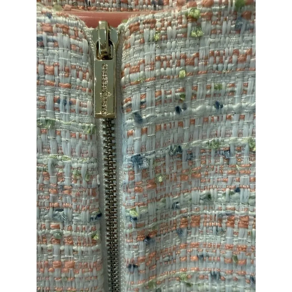 Karl Lagerfeld Cream and Pink Tweed Zip Jacket pockets rounded neckline size 8